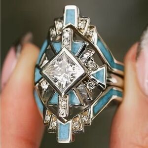 🩵 NEW & Unique Silver 3 piece Filigree and Aqua blue Fashion Ring 🩵